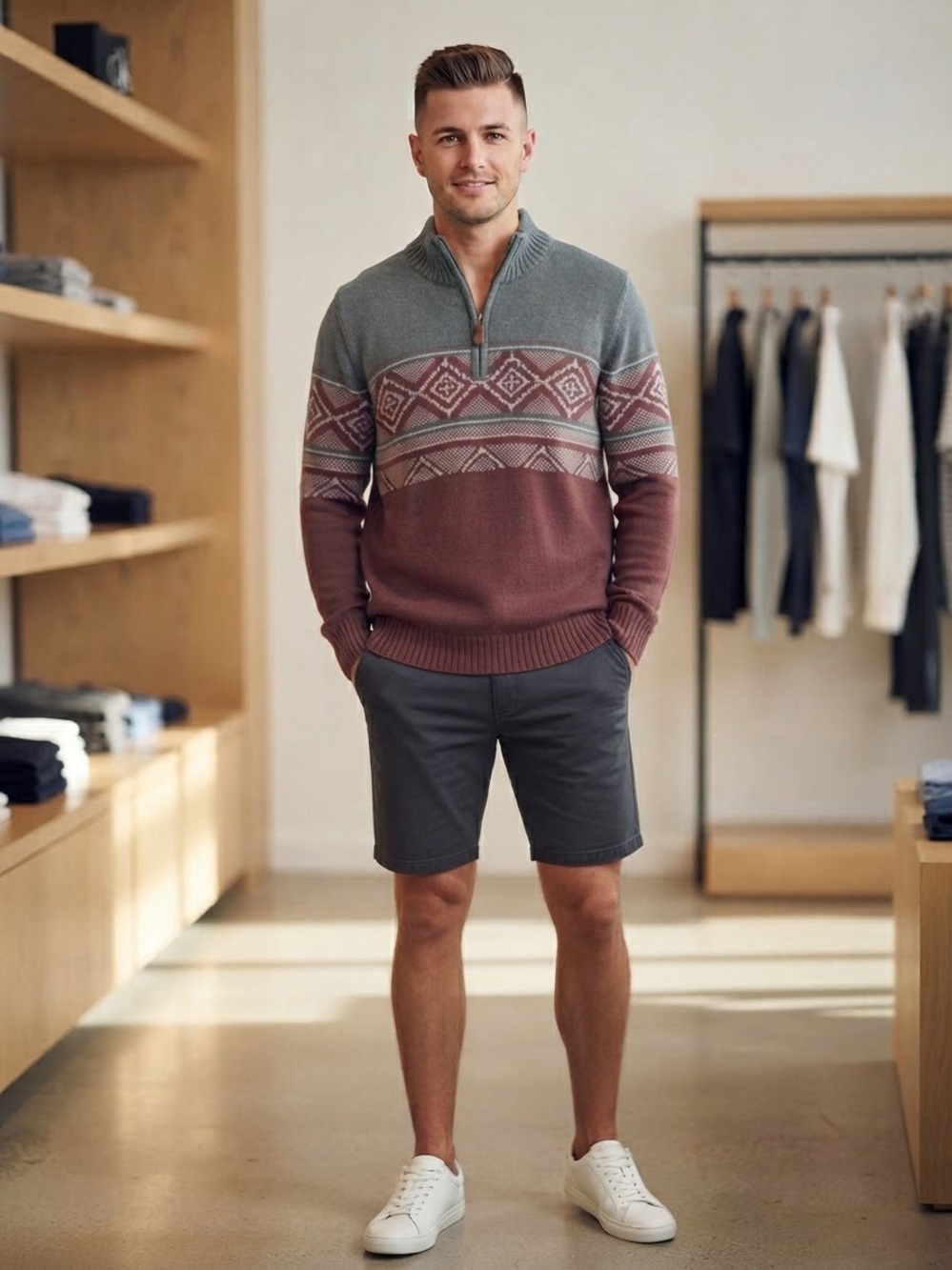 G.H. Bass & Co. Gray and Rust Crewneck Half-Zip Sweater